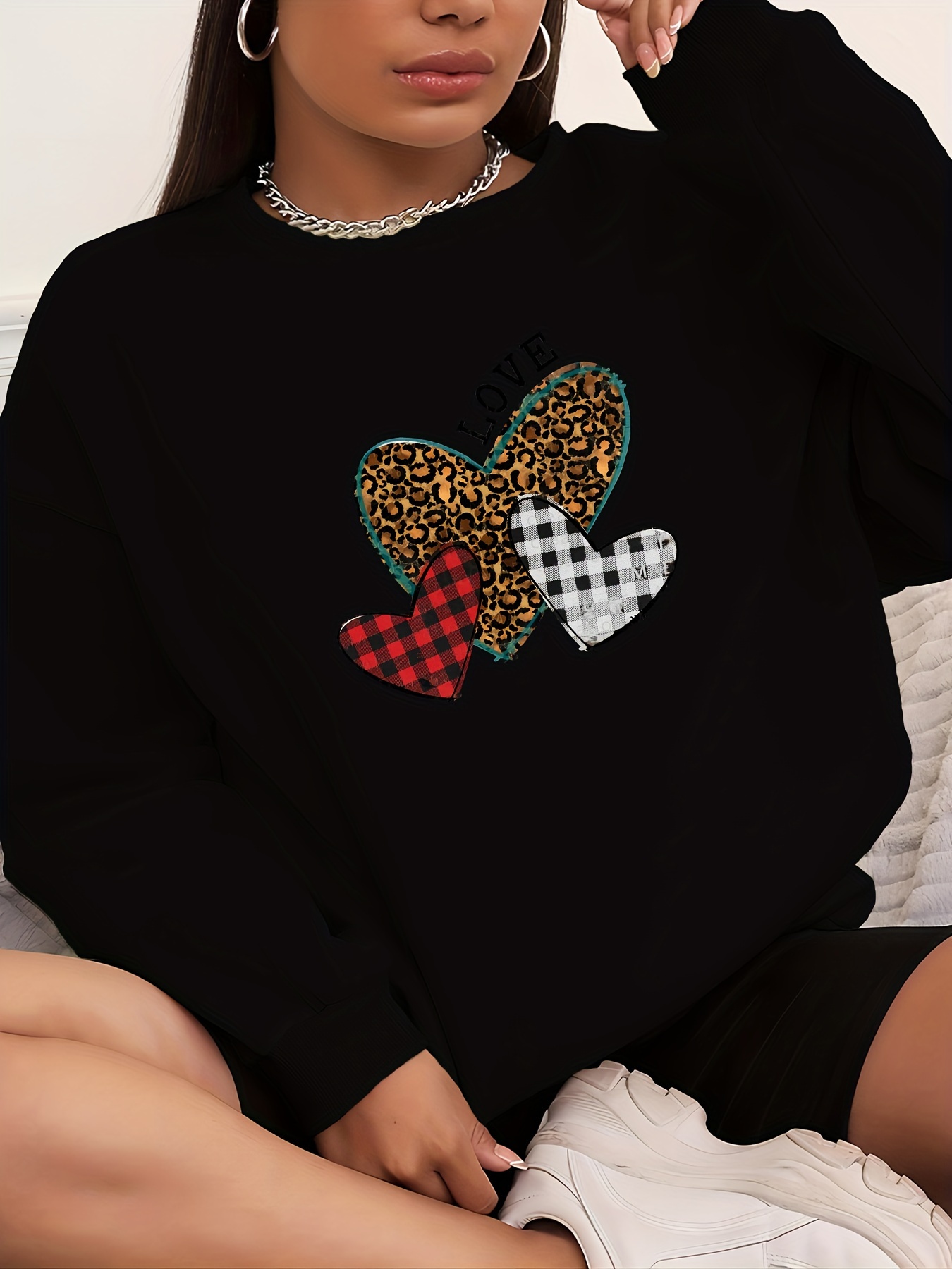 Heart Print Sweatshirt Plus Size Casual Long Sleeve Crew Temu New Zealand