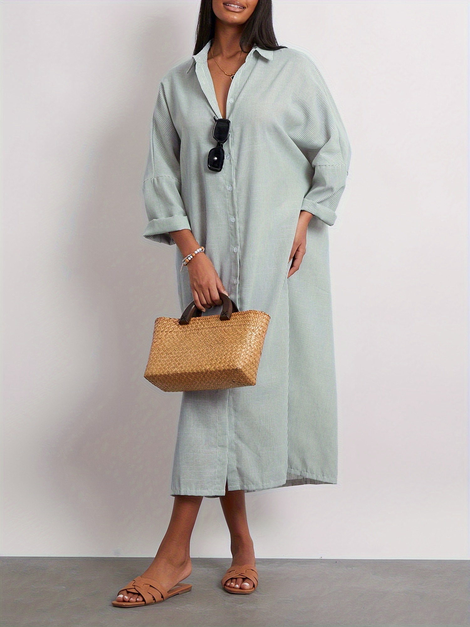 womens light blue striped shirt dress long sleeve turn - Temu