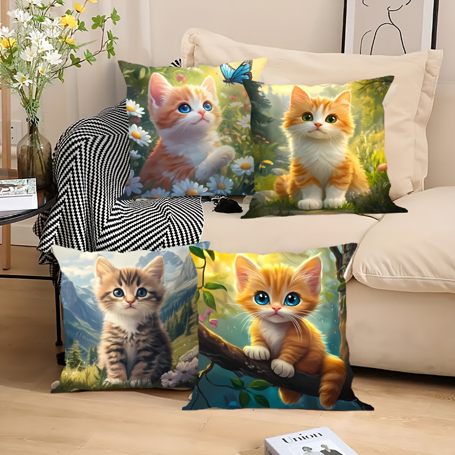 

4pcs Cat Print Velvet Throw Pillow Covers, Machine Washable, Zipper Closure, Polyester Decorative Cushion Cases For Home And Office - Fits Room Types, Woven