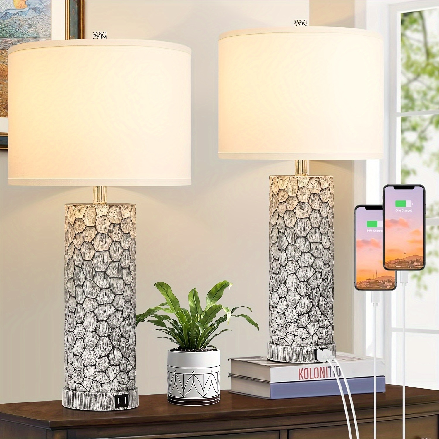 

Table Lamps With Dual Usb Charging Ports Set Of 2 For Bedroom Living Room, 25" Tall Rustic Farmhouse Desk Lamps With White Fabric Shade, Bedside Nightstand Lamps