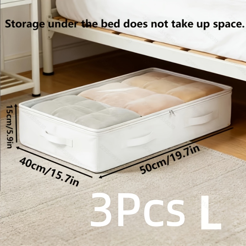 TEMU 3pcs Thickened White Under-bed Storage Boxes | Foldable And , Suitable For Blankets, Dresses, Quilts, Pillows, Clothes | Non-woven Fabric