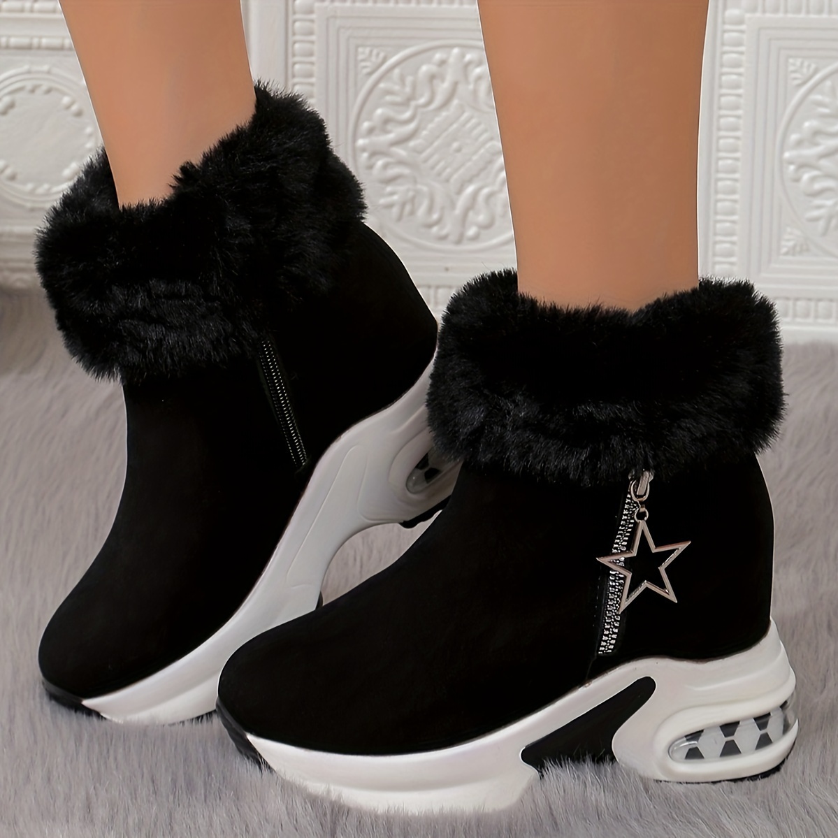 

Women's Fashionable Mid-heel Ankle Boots With Side Zipper - Comfortable, Warm Plush For Winter