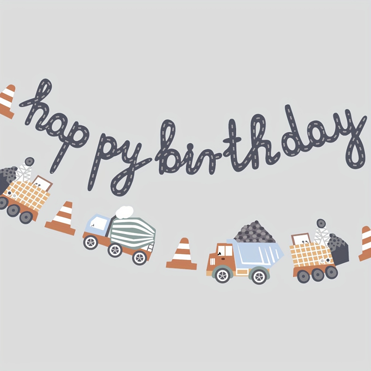 Image of "happy Birthday" Construction Vehicle Party Banner - 49cm/19.29in X 7cm/2.75in - Paper Decor, No Power Required, Suitable For Birthday Parties