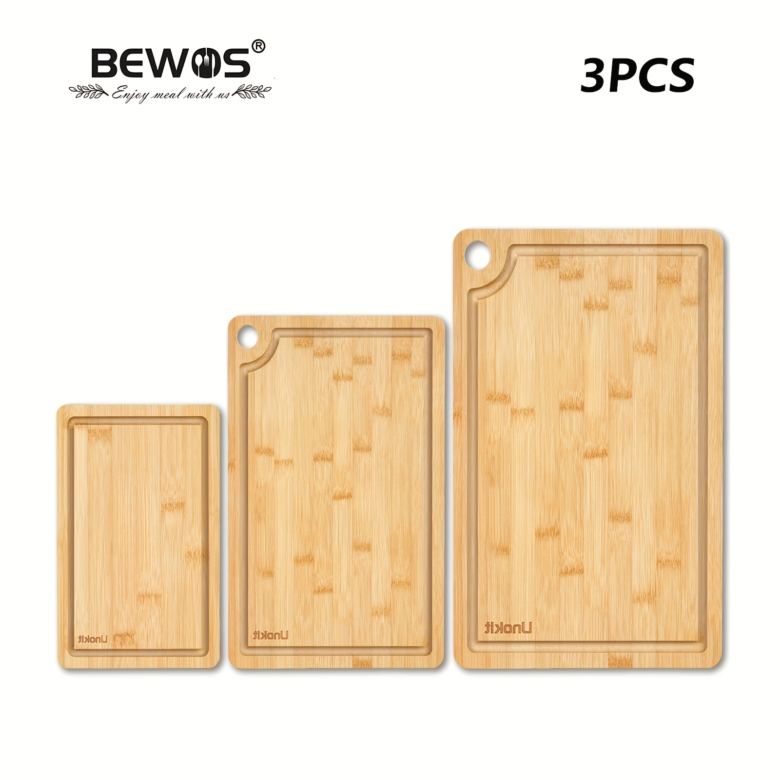 Image of A Set Of 3 Different Sizes Of Wooden Cutting Boards And A Kitchen Cart With Thick Wooden Blocks, Perfect For Meat, Vegetables, Fruits, Dishwasher Safe