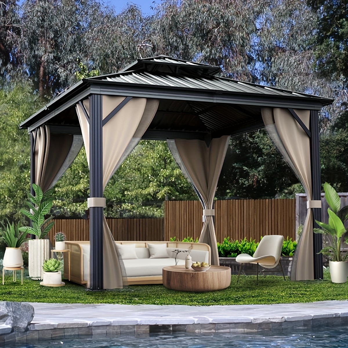 10x10ft Galvanized Steel Hardtop Gazebo with Heavy-Duty Double Roof, Waterproof Netting & Curtains - Outdoor Patio Backyard Deck Lawn Shade Shelter, Mixed Color, Gazebo Curtains Outdoor