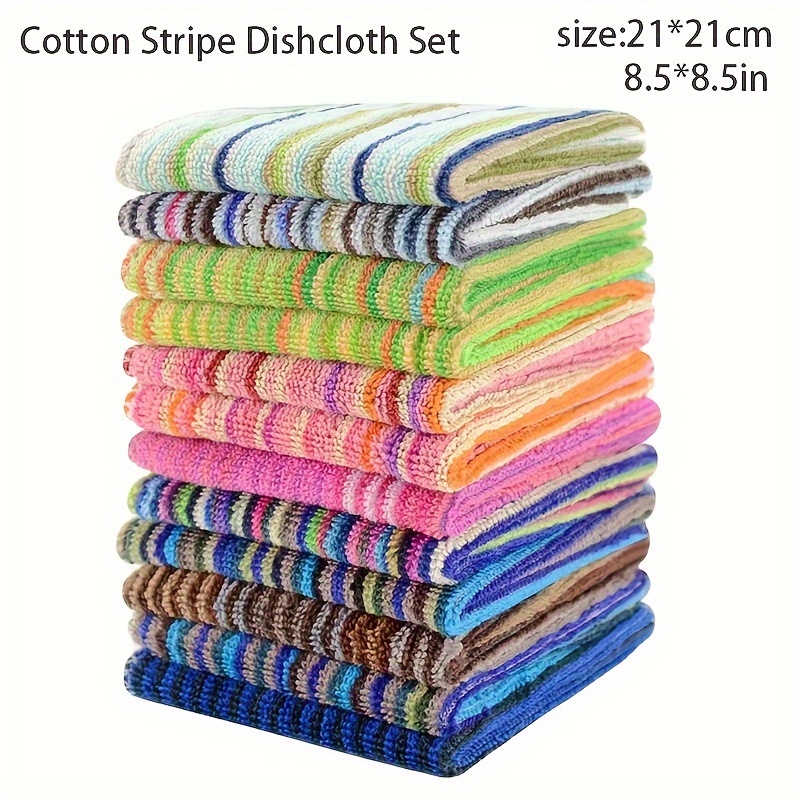 Image of 12/24pcs Cotton Stripe Pattern Dishcloth, Thickened Double Sided Dishcloth, Soft Absorbent Square Towel, Household Dishcloth, Small Size (8.5 Inch X 8.5 Inch) Assorted Color