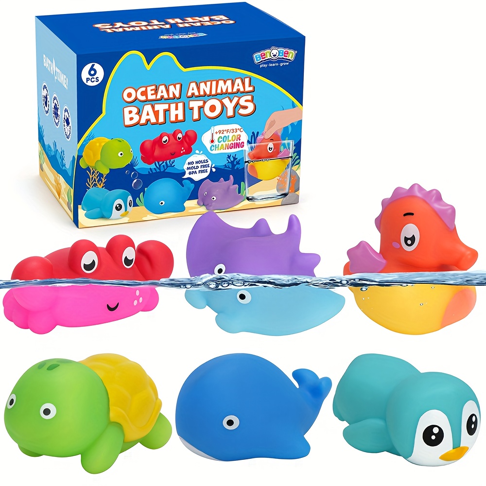 TEMU 6pcs Soft Animal Toys Kids Bath Toys, Ocean Animal Bathtub Shower Toys, Kids Bath Toy Water Spray Color Changing Floating Ocean Animals, Toddler