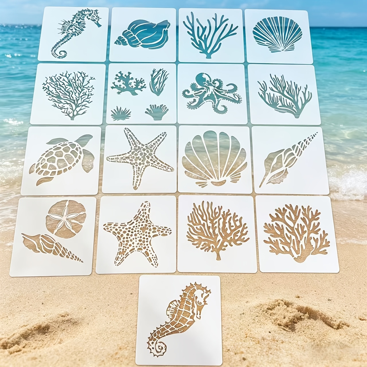 17pcs Painting Templates Set, Octopus, Sea Turtle, Starfish, Conch, Coral, Creative Pattern Templates, Suitable For Wall And Floor Decoration Rock Painting Art Projects