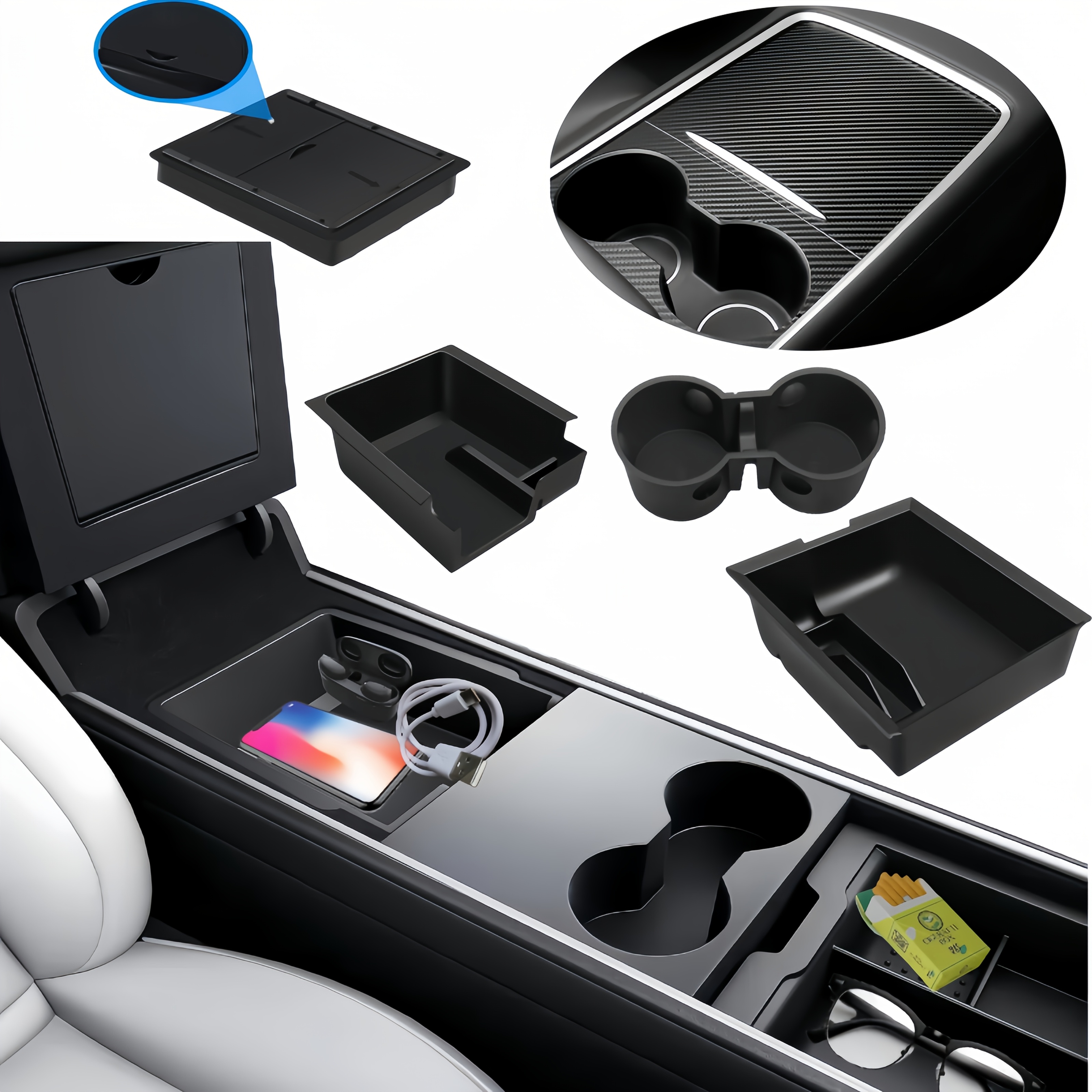 розетка 5шт для for tesla  /  набір органайзерів для центральної консолі, матеріал abs з наклейками з вуглецевого волокна, підсклянники, сумісні з моделями 3 2021-2024 та моделями y 2021-2023 1