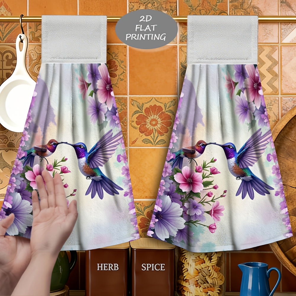 TEMU 2pcs Floral Hummingbird Art Print Pattern Hanging Hand Towel, Multi-functional Hand Towel, Soft Microfiber, Stylish And Casual, Comfortable And