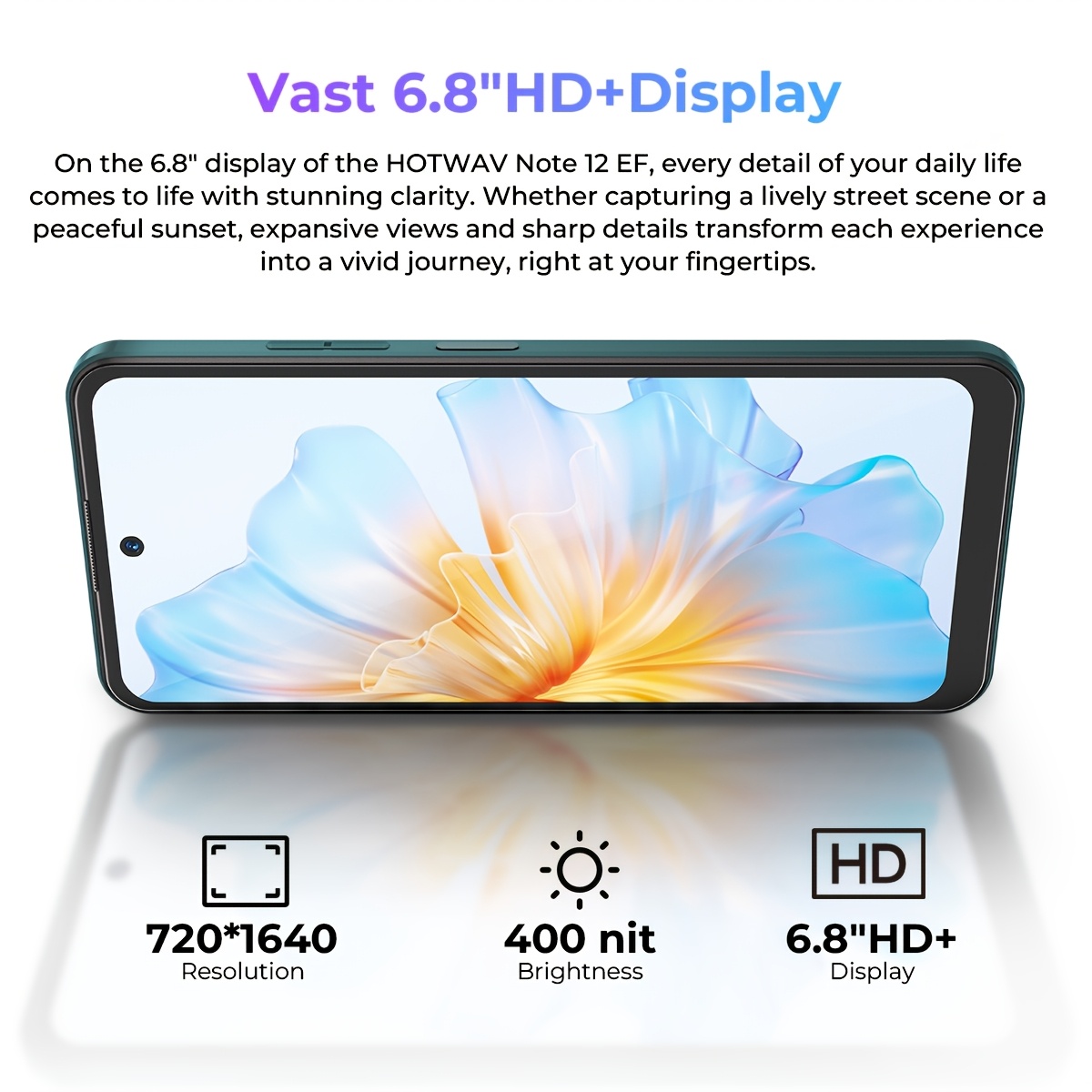 HOTWAV Note 12 EF Мобилни телефони с 6.8-инчов HD+ дисплей, работещ с Android 14, с 12GB (4+8) и 128GB памет, отключен, с 48MP и 16MP камера, 5160mAh батерия, поддържащ Dual SIM, 4G, Wi-Fi, OTG, GPS и Face ID