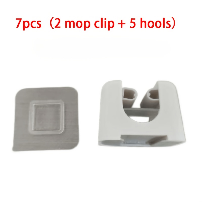 TEMU 7pcs No-drill Self-adhesive Wall-mounted Mop And Broom Holder (2pcs Storage Clips And 5pcs Self-adhesive Buckles), White Durable Plastic Strong