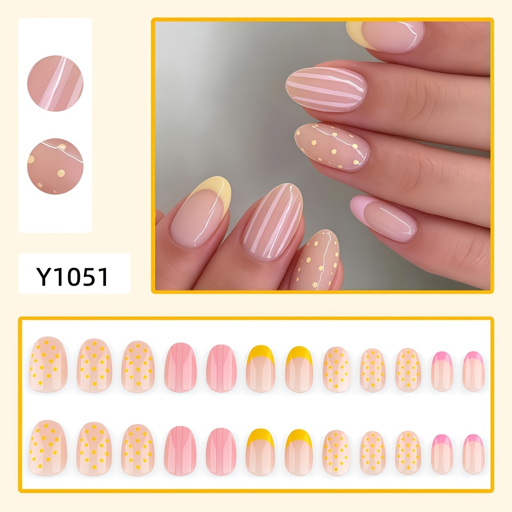 TEMU 24 piezas de joyería corta de forma para usar. Joyería de y transparente en color crema. de uñas y delicado a rayas amarillas y con puntos. Uñas