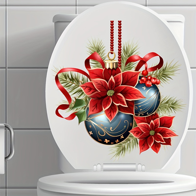 

1pc Festive Holiday Toilet Lid Decal With Poinsettia & Christmas Ornaments - Self-adhesive, Floral Pattern, Semi-glossy Finish, Plastic Surface Compatible, Single Use Decoration