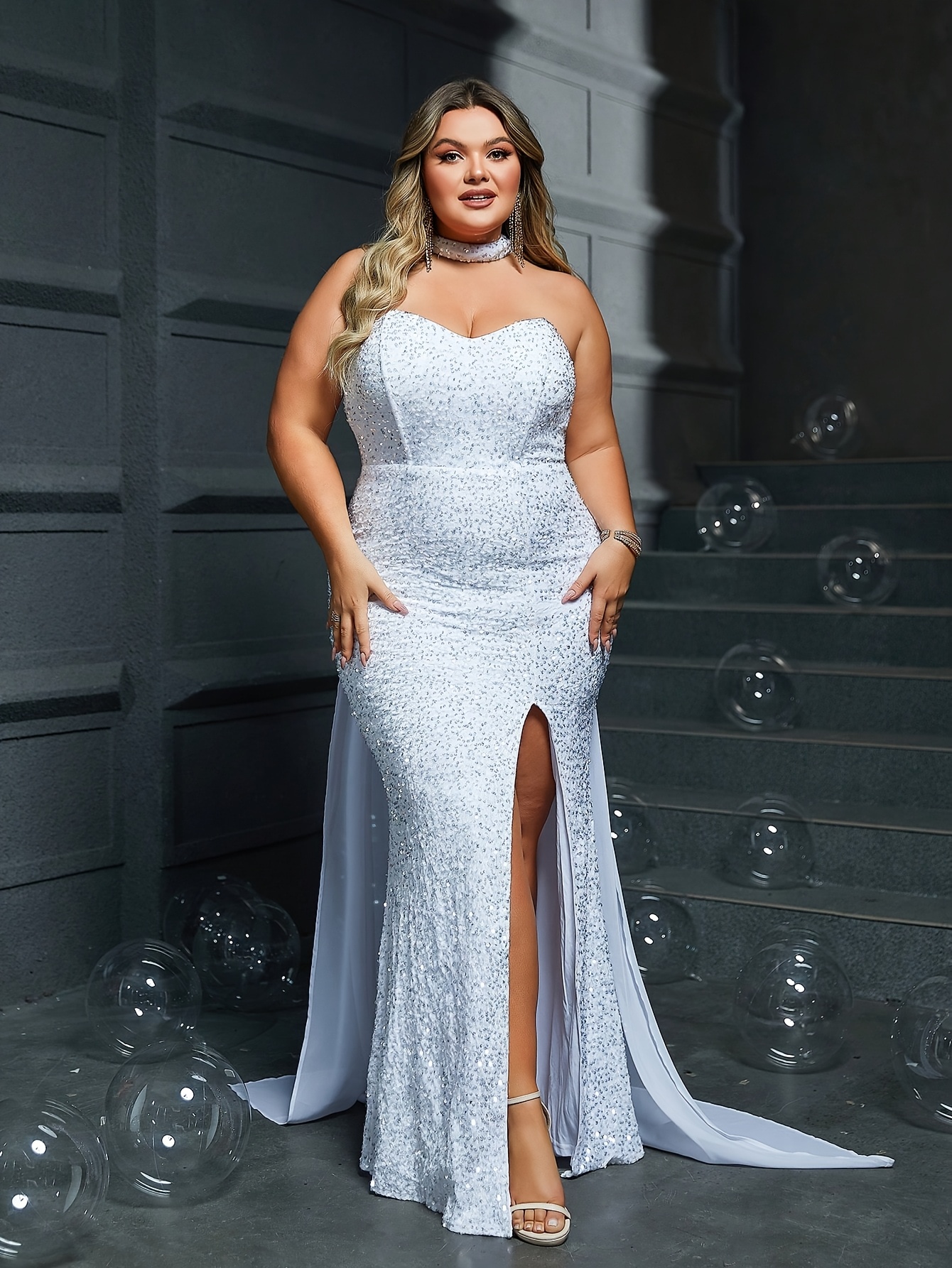 Elegant White Strapless Sequin Gown with High and Cape Weddings and  Formal Events, Formal W*quin Embellished Dress|Stretchy Fa