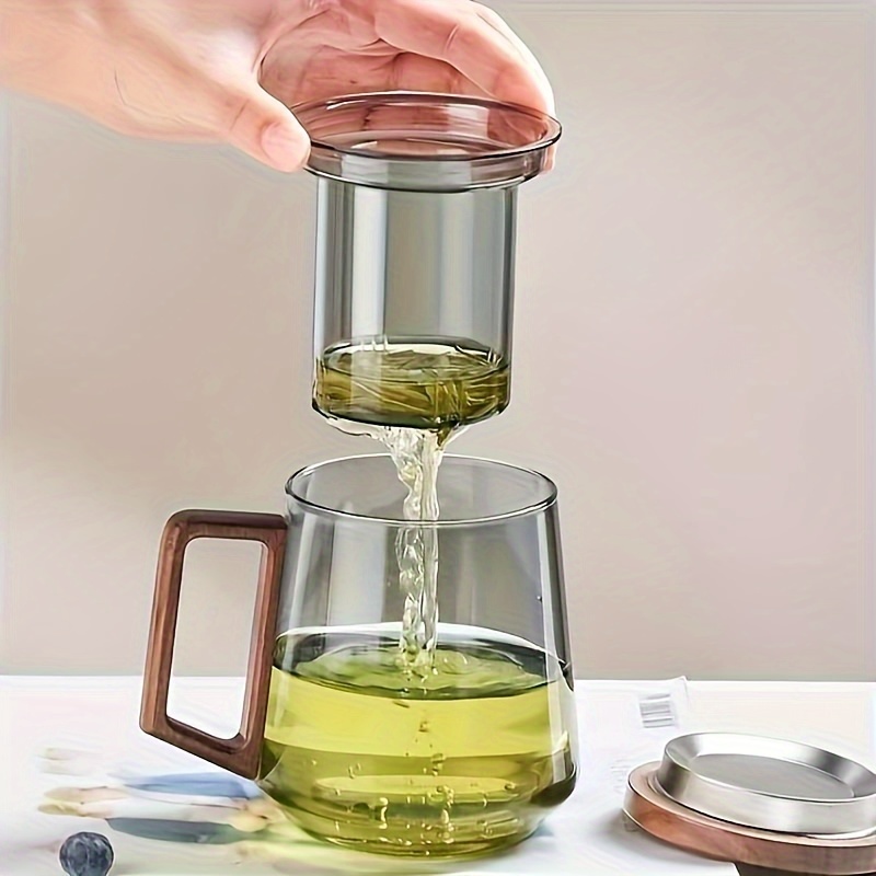 

1pc 525ml/17.8oz, Heat-resistant Borosilicate Glass Tea Cup With Infuser And Walnut Cover - Mug For Green Tea