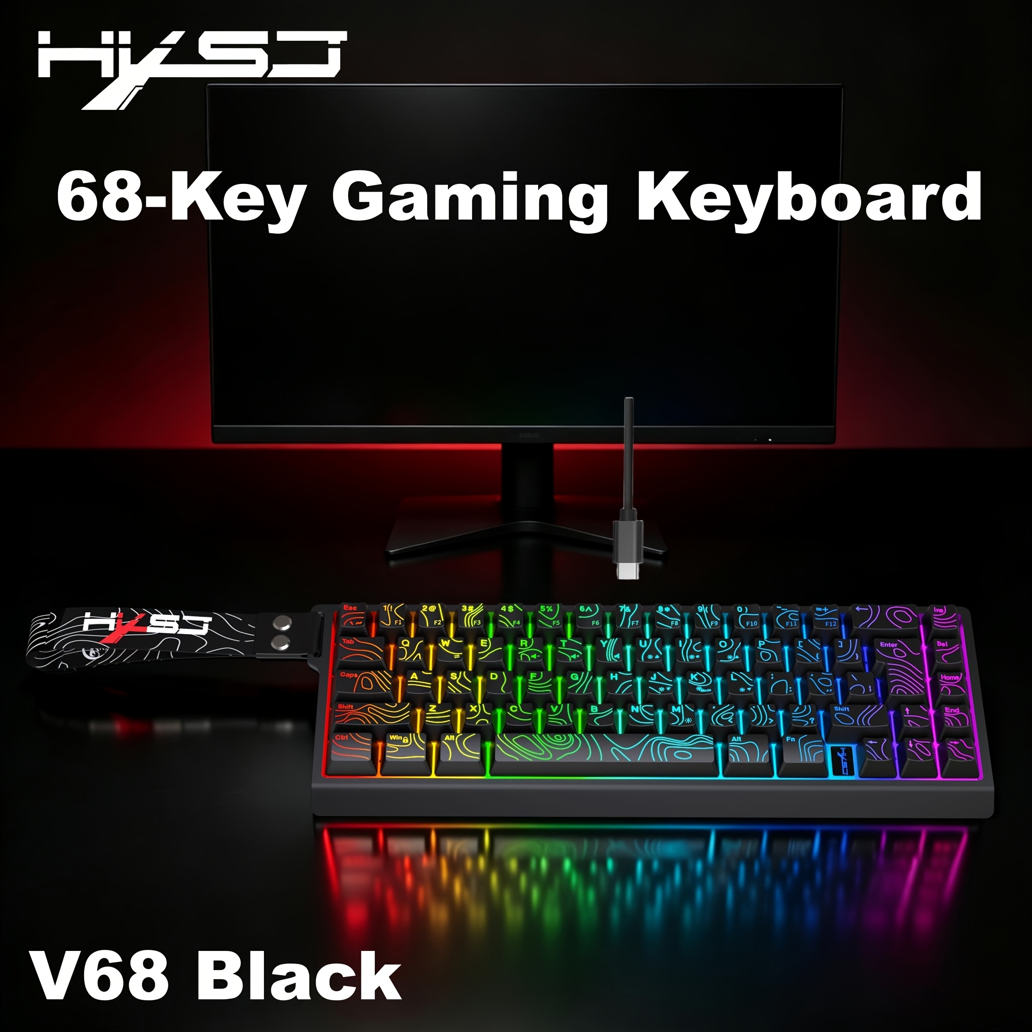 TEMU Teclado Gaming con Cable Ultra-Compacto HXSJ-V68, Mini Teclado de Portátil de 68 Teclas, Retroiluminación RGB, USB, Plug and Play, Teclas