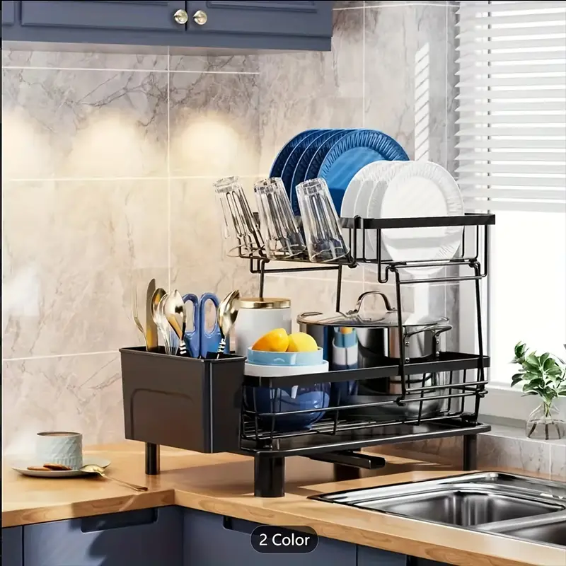 dish drying rack with 2 tier stainless steel dish rack and set with removable drip tray 360 swivel spout utensil holder large capacity dish drainer for kitchen counter Product details 0