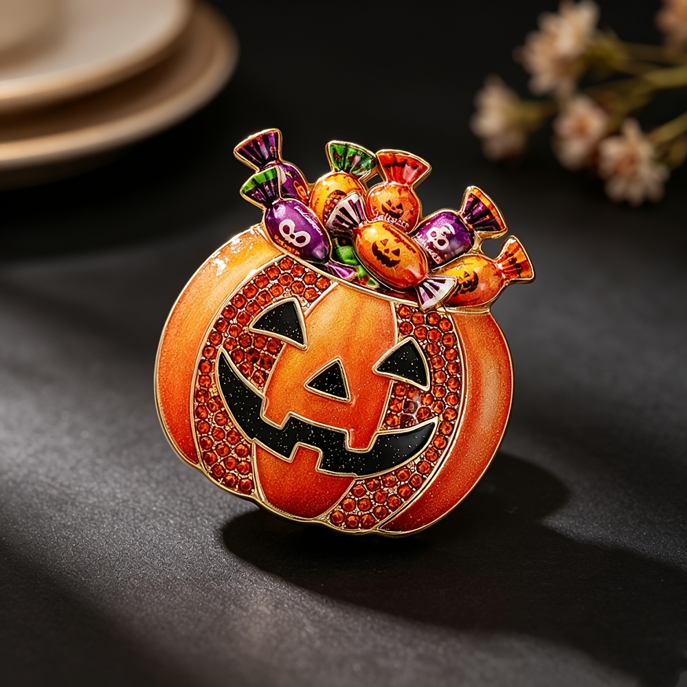 TEMU 1pc Solevdo Enamel Rhinestone Brooch Novelty Halloween Pumpkin Candy Pin For Men And Women, Jack-o'-lantern Treat Lapel Pin, Spooky Festival