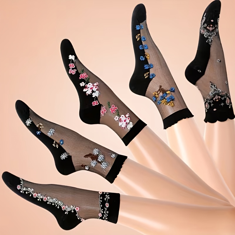 TEMU 5-pair Spring/summer Black Versatile Floral Pattern Mid-calf Socks, Comfortable And Breathable Women's Stockings