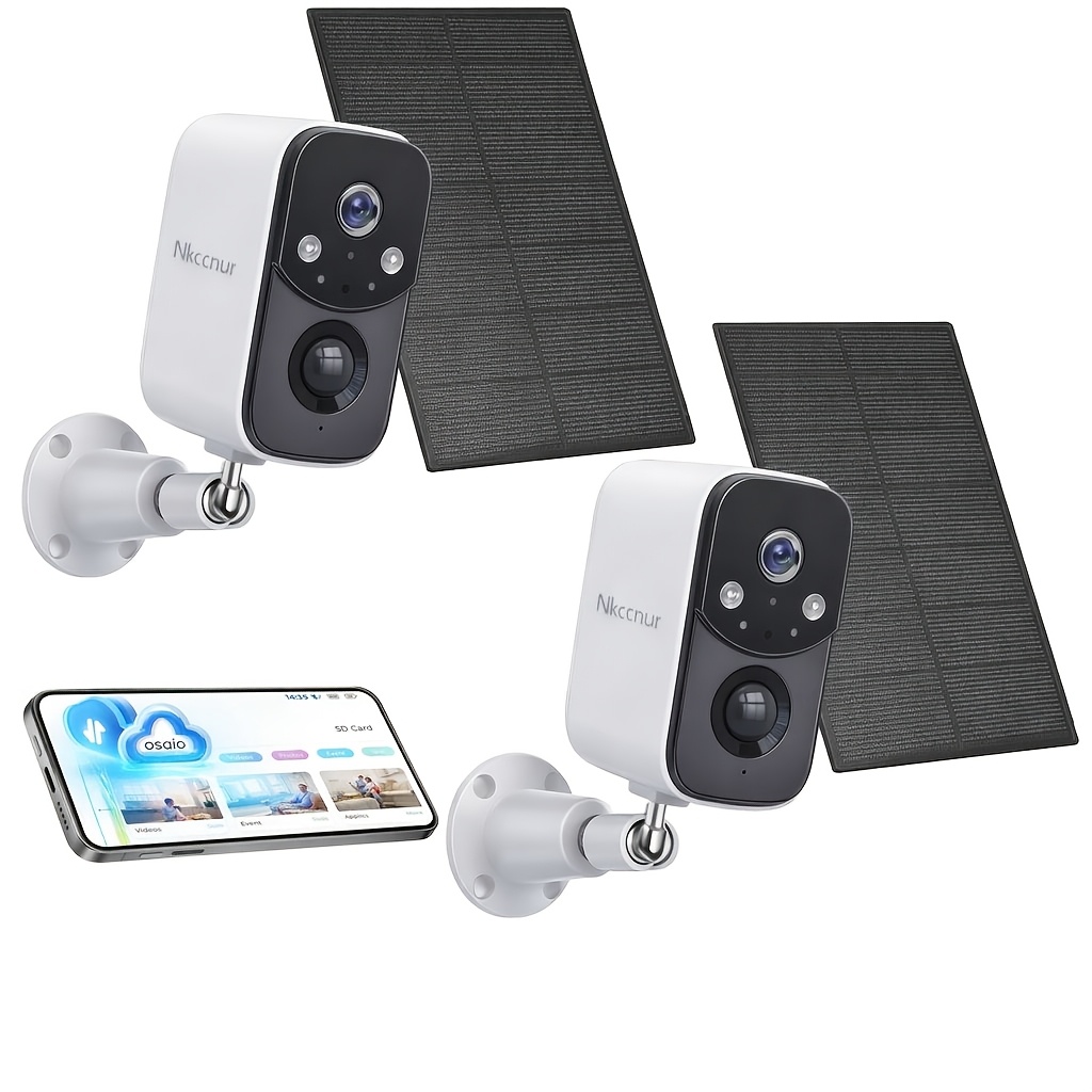 TEMU 1pc/2pcs Solar Security Cameras Wireless Outdoor 2 Pack, Battery Powered Wifi Cameras For Home Surveillance, Pir/ Detection, Waterproof, Color