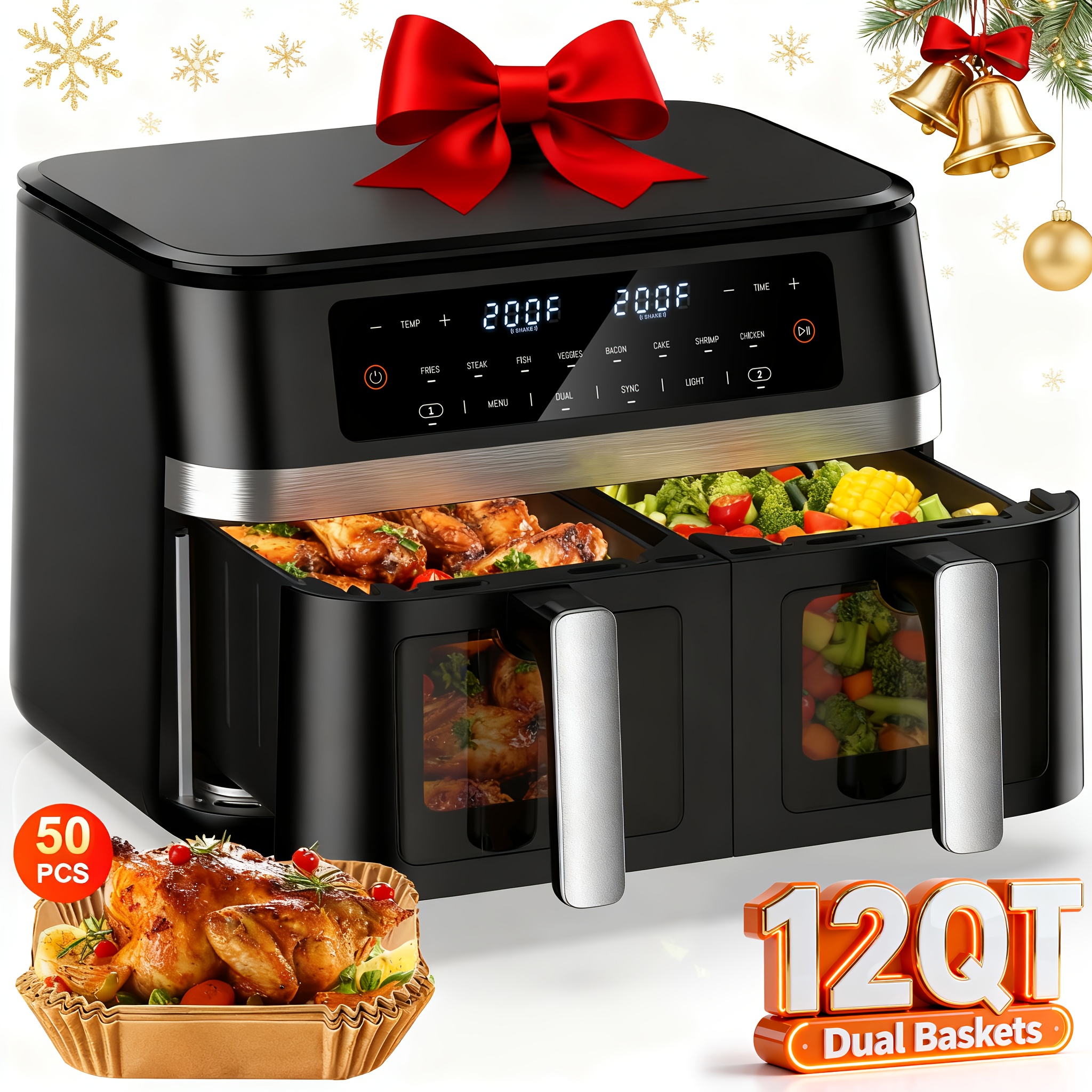Image of Air Fryer Large Capacity 8 Cooking Functions 2-basket Air Fryer With 2 Viewing Window, & To Bake, Roast, , , Dehydrate & More For Quick, , Including 50 Air Fryer Liners 12qt