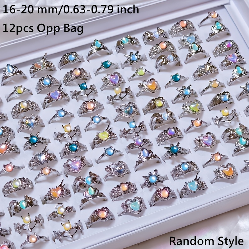 TEMU Wholesale 12pcs/pack Women's Fashion Stacked Ring Retro Bohemian Style Men's And Women's Ring Silvery Size 15mm-19mm Mixed Heart Circular Oval