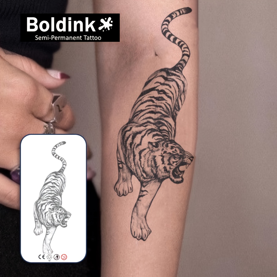 Image of Realistic Tiger Semi-permanent Tattoo Stickers For Men - Waterproof, Long-lasting, Plant-based Formula, Perfect For Parties & Casual Attire