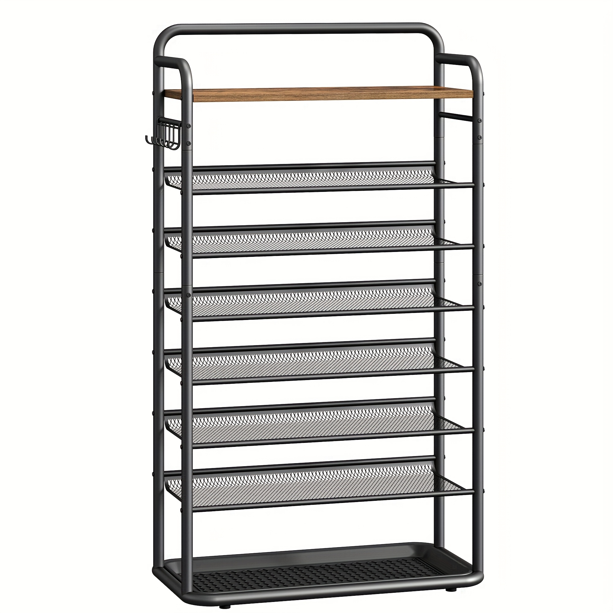 Shoe Rack, 8-tier Shoe Storage With Hooks, Drip Tray, Flat And Tiltable Mesh Shelves, 28-32 Pairs, Shoe Storage For Entrance, Hallway, Living Room, -black