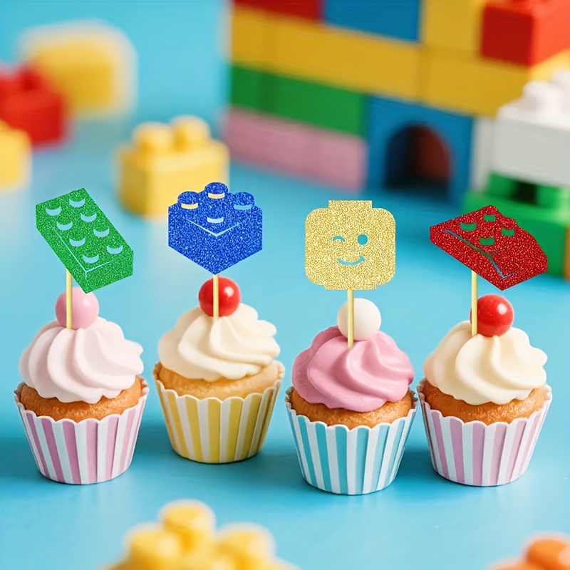 Image of 24pcs Building Blocks Cupcake Toppers | Happy Themed Birthday Party Toppers - Cupcake Colour Building Block Theme Baby Shower Birthday Party Supplies