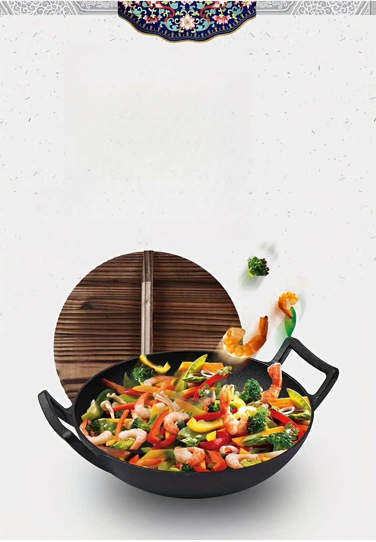 cast iron chefs pan 12 6 inch with wooden lid pre     double handle   wok for home kitchen restaurant 1 pack details 0