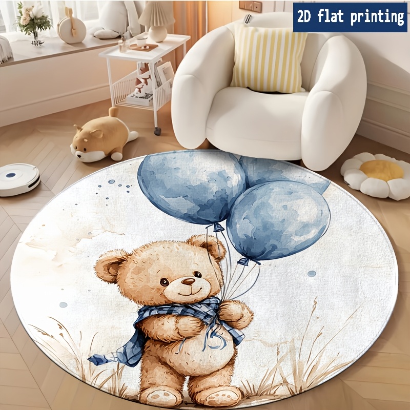 TEMU 1pc Teddy Bear Balloons Rug Mat Suitable For Room, Machine Washable Round Carpet Floor Mat With Teddy Bear Balloon, Soft Floor Covering For