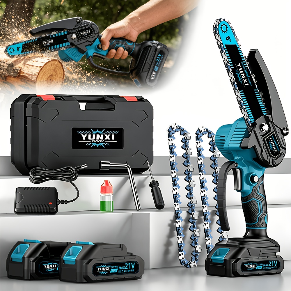 TEMU Mini tronçonneuse électrique fil pour coupe rapide, tronçonneuse à main portable 21V avec pare-éclaboussures et verrou de sécurité, compacte et