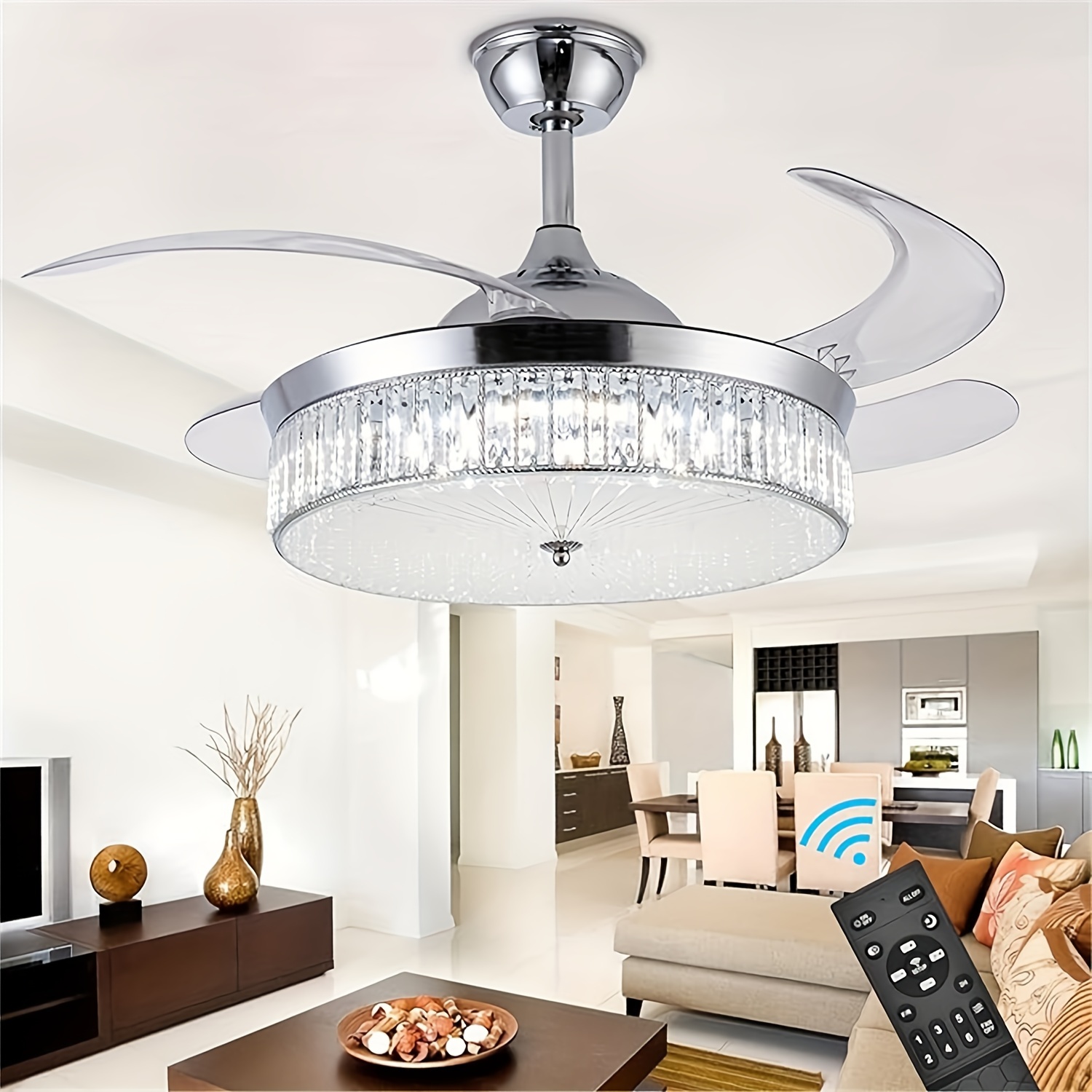 Gdrasuya10 42 Inch Invisible Ceiling Fans with Light Retractable Blade Modern Folding Fan Chandelier Remote Hanging Lights for Bedroom 42