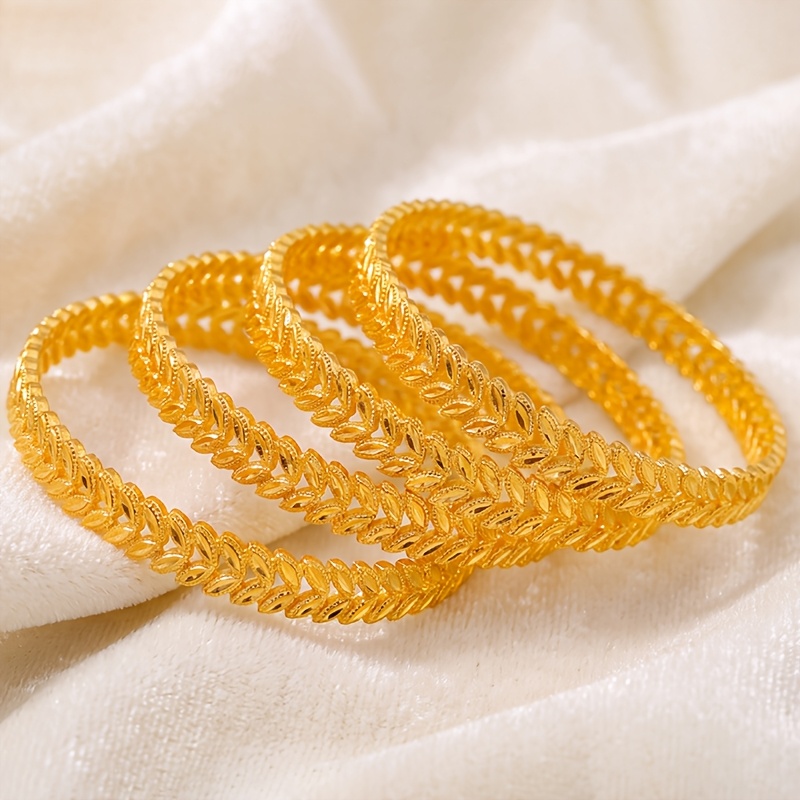 TEMU 4pcs Dubai Bride Indian Wedding Fashion Bracelet Leaf-shaped Bangles For Ladies' Daily Wear, Birthday Gift