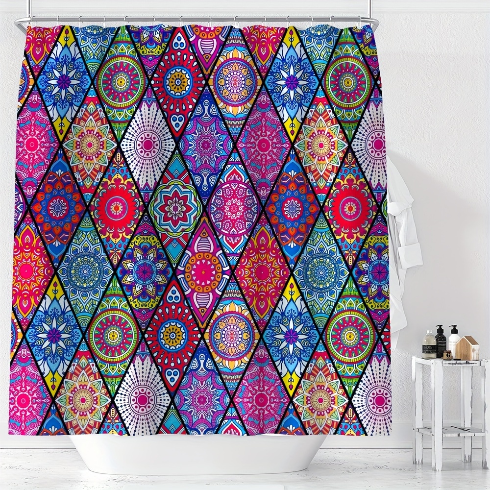 

Bohemian Colorful Diamond & Floral Pattern Digital Print Shower Curtain - Ywjhui Water-resistant Polyester Bath Curtain With Hooks, Machine Washable, All-season Knit Weave, Arts Curtain Theme
