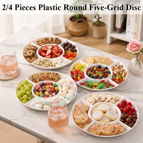 2 4pcs round divided fruit plates dried fruit snack dessert appetizer storage containers food grade plastic sturdy durable reusable crowd room party wedding christmas halloween decor
