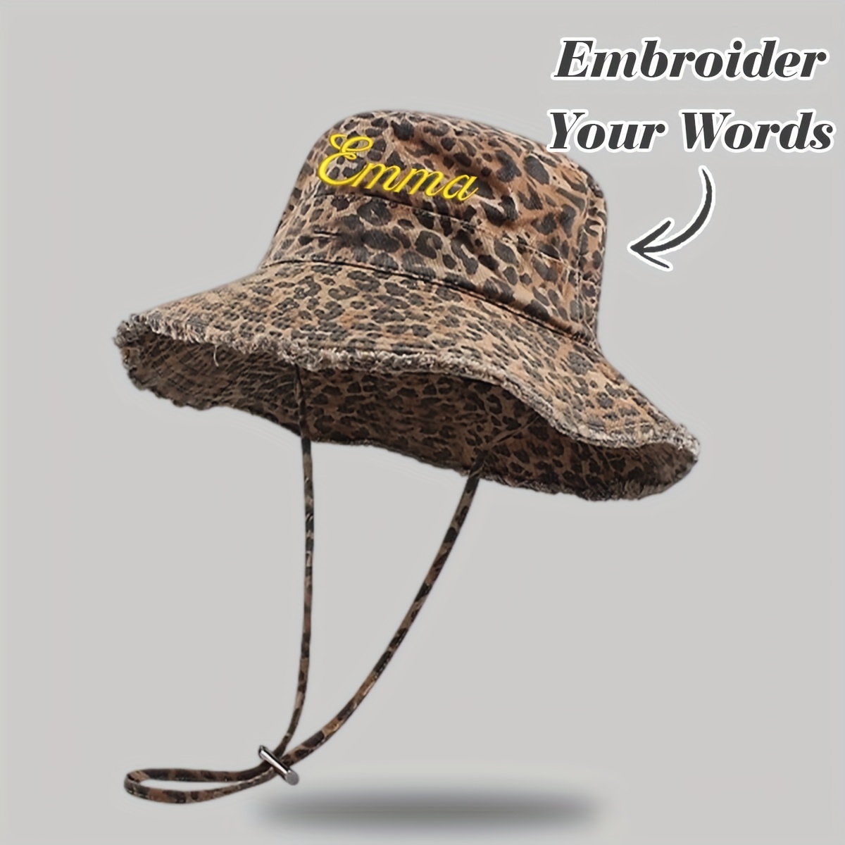 E-shop Individuell bestickte Namens-Fischermütze, Leopardenmuster, weicher Stoff, Damenmütze mit Windschnur, anpassbarer Text
