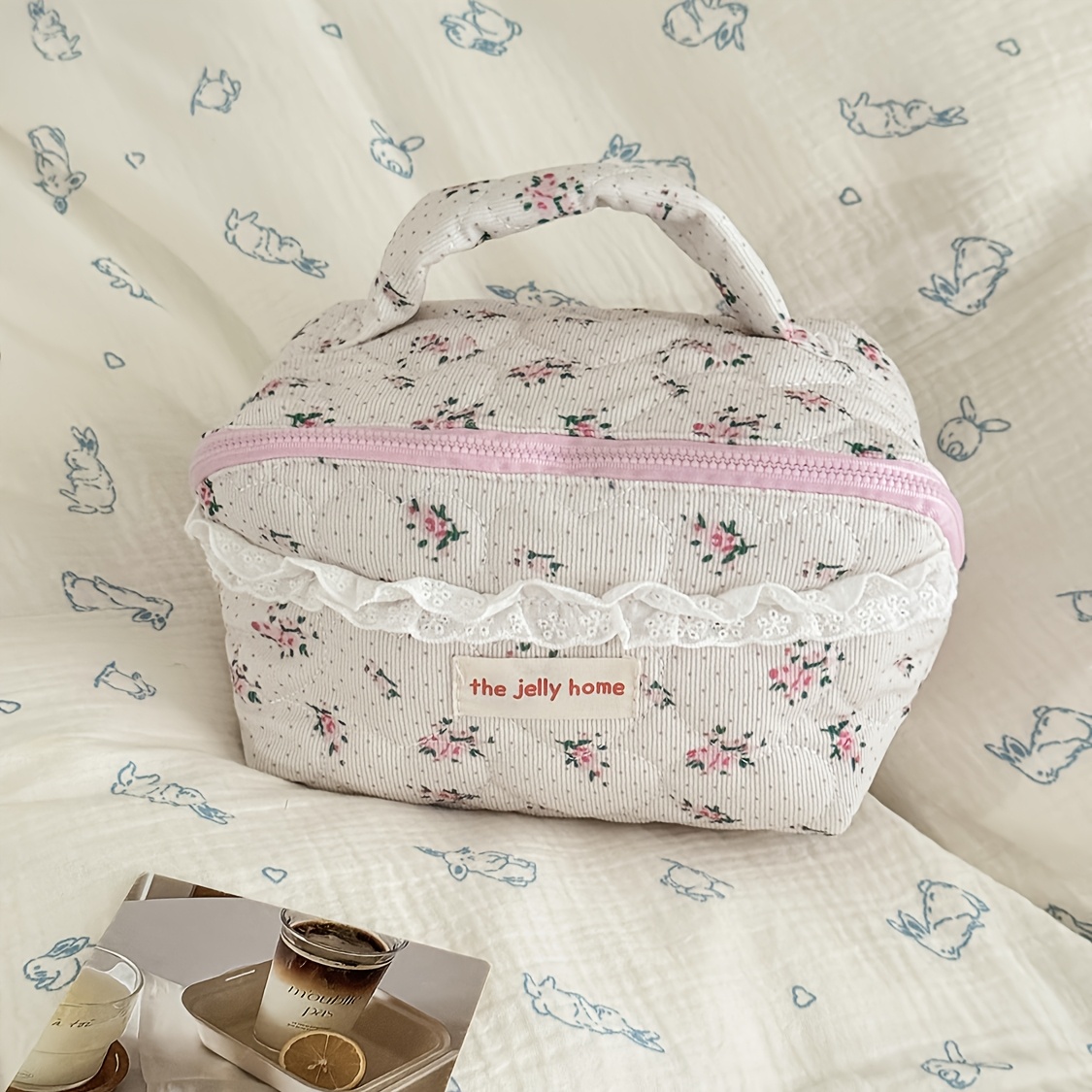 TEMU Neceser de con estampado floral, neceser de tela y sencilla con estampado floral, bolsa de maquillaje portátil para viaje, organizador de