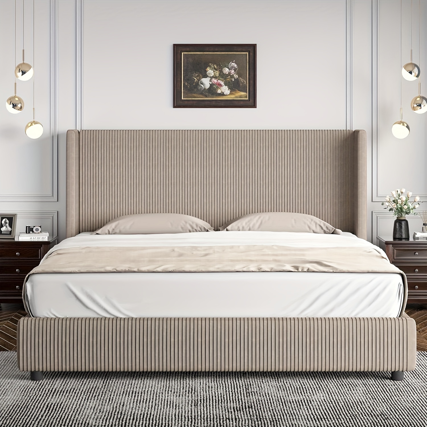 

Bedroom Furniture| Elegant Corduroy Upholstered Bed Frame - Soft, Low Profile Platform Bed With Vertical Tufted Headboard, Spring Needed, Easy , Hardwood Fiber Board, Full , Bed Accessories