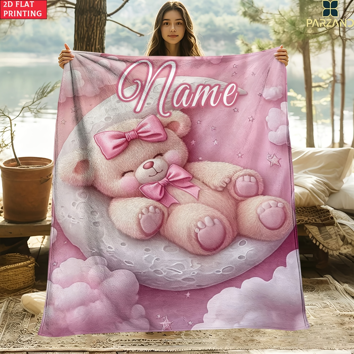 TEMU 1pc Custom Name Pink Bear Portable Blanket- Lightweight Throw For Sofa Bed Travel Camping, Livingroom Office Couch Chair, And Bed - Digital