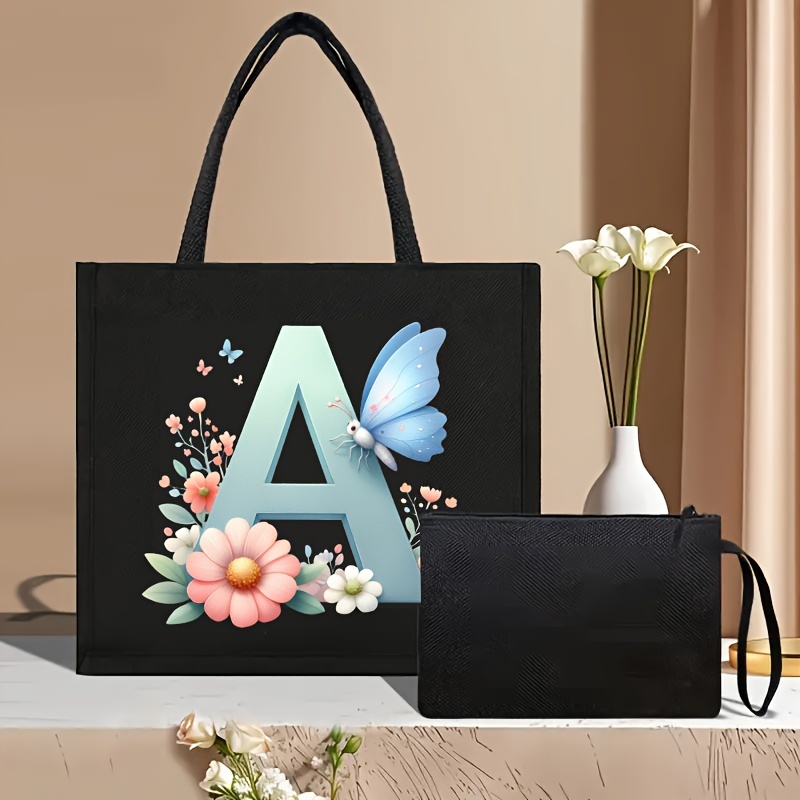 

2pcs Flower Letter Print Tote Bag Set, Fashionable Large Capacity Handbag With Clutch Pouch, Lightweight Shopping Bag, Gift Bag For Birthday Festival, International