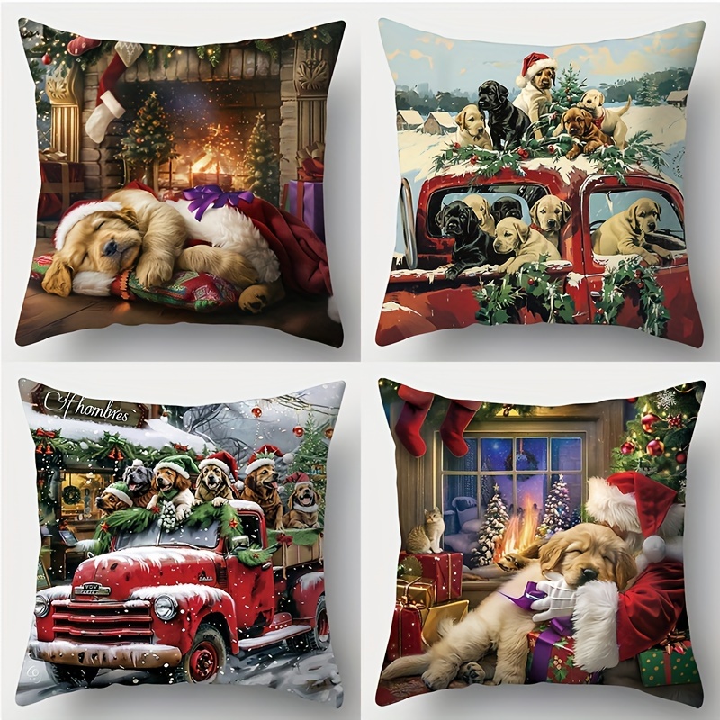 

Set Of 4 Puppy And Truck Holiday Throw Pillow Covers, 18x18 Inches, Zippered Polyester Cushion Cases For Couch And Home Decor, Contemporary Christmas Dog , Hand Wash Only, Living Room Accent