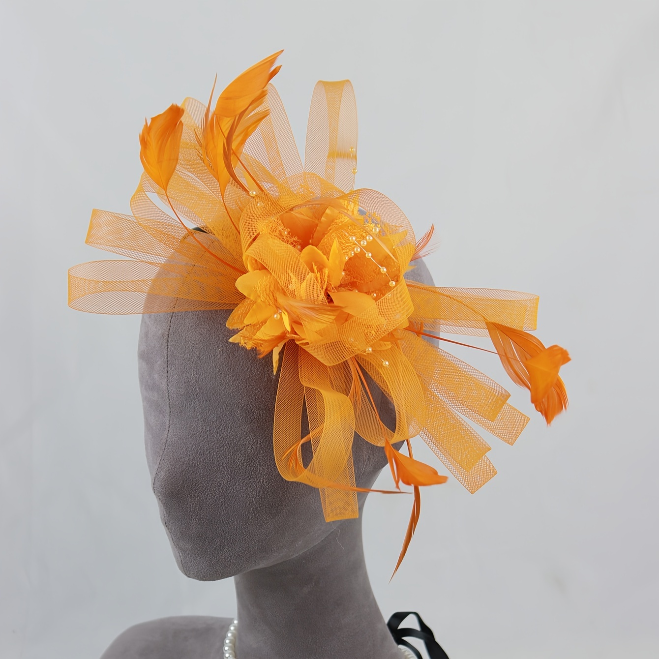 Elegant Orange Headwrap with Floral Accents Burnt Orange Fancy Elegant Church Hat With Flower, Mother of  main image 4