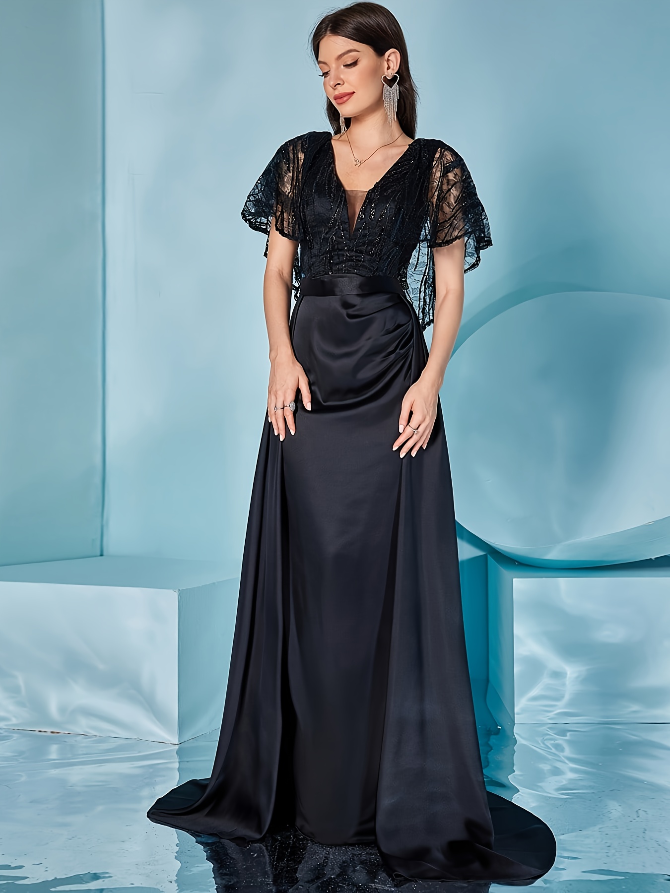 Back Formal Designer Gowns Elegant Black Satin Evening Gown With V