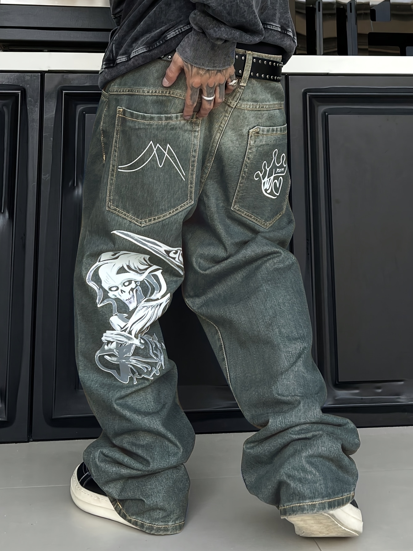 mens vintage inspired skull queen print denim jeans casual Temu