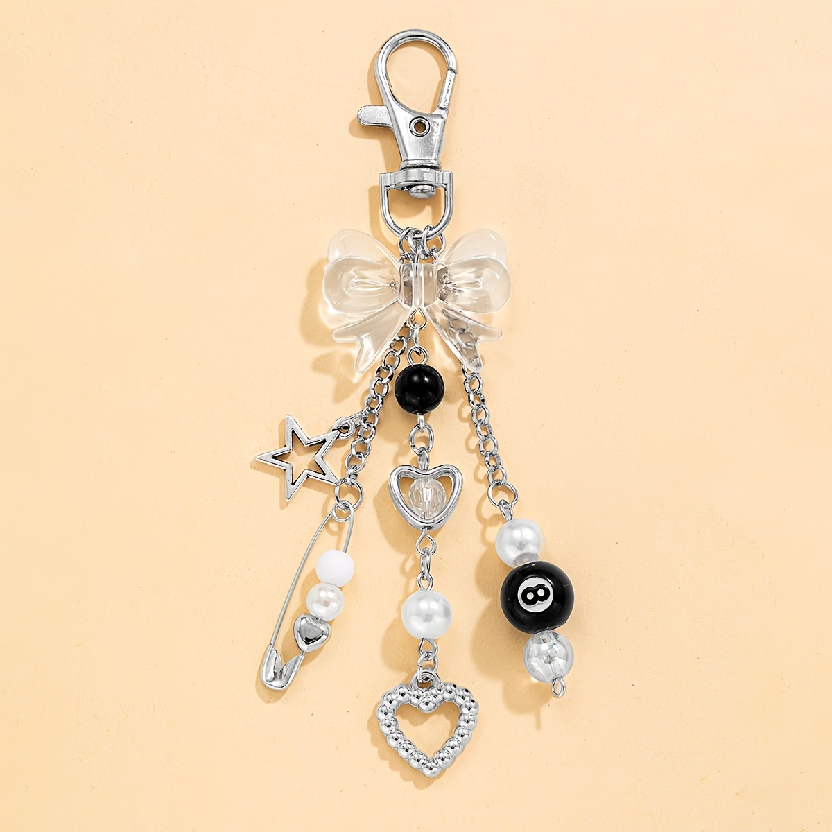 Image of 1pc Y2k Gothic Style Alloy Acrylic Star Keychain Peach Heart Bowknot Paperclip 8-character Keychain Pendant Suitable For Daily Commuting Vacation Party Wear