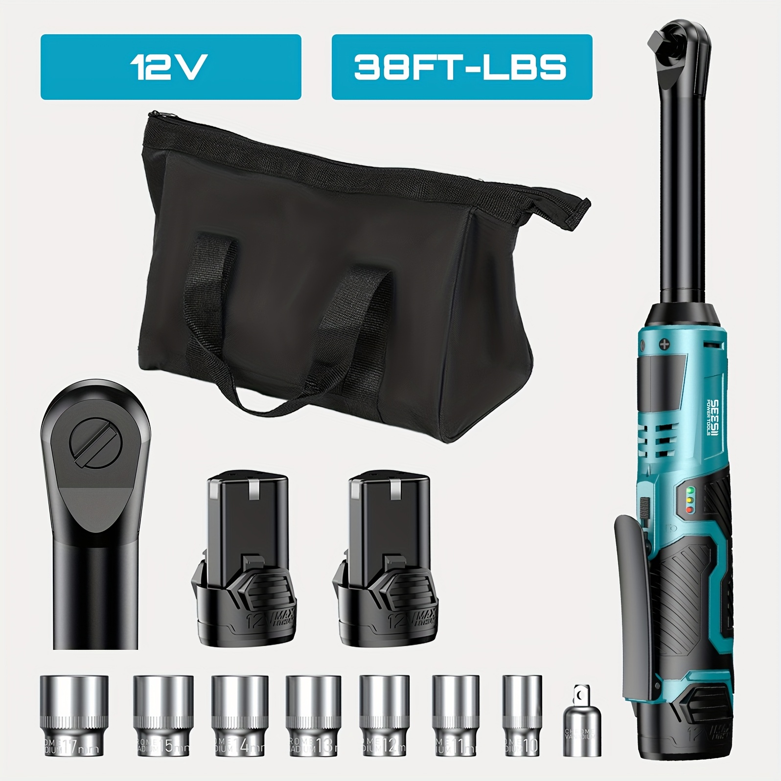 Image of Seesii Ratchet 3/ 8", 90n.m 200rpm, 200rpm Power Ratchet Wrench 90n.m, .0a Batteries & Charger, Variable Speed Trigger, 8 Sockets, 1/ 4" & 1/ 2" Adapter, 3" Extension Bar