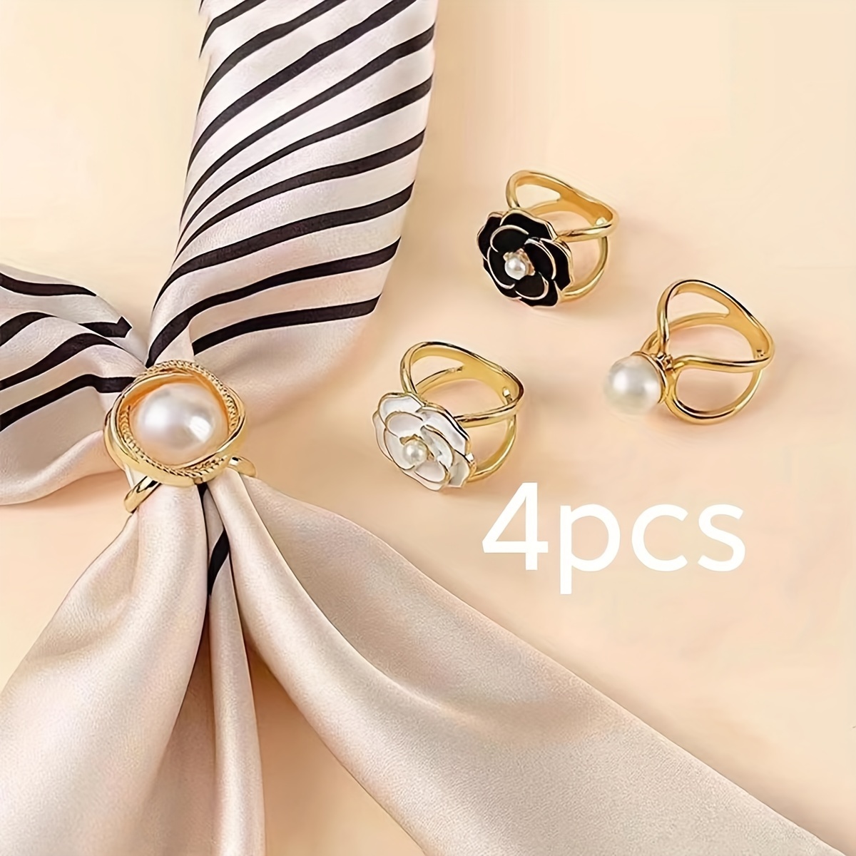 

4pcs Elegant Golden-tone Pearl Embellished Scarf Clasps - Perfect For Adding A Touch Of Luxury To Your Outfit