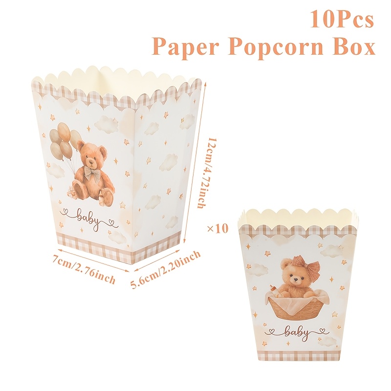 TEMU Gift For Her/him 10pcs, Party Packs, Teddy Bear Paper Popcorn Boxes, Watercolor Brown Popcorn Boxes, Baby Shower Party Decor, Teddy Bear Theme